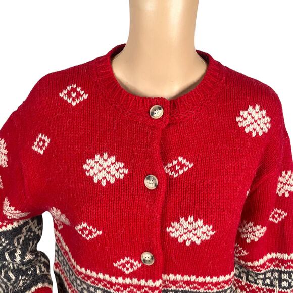 Eddie Bauer Fair Isle Nordic Ski Red Gray Wool Alpaca Cardigan SZ M - Picture 3 of 8